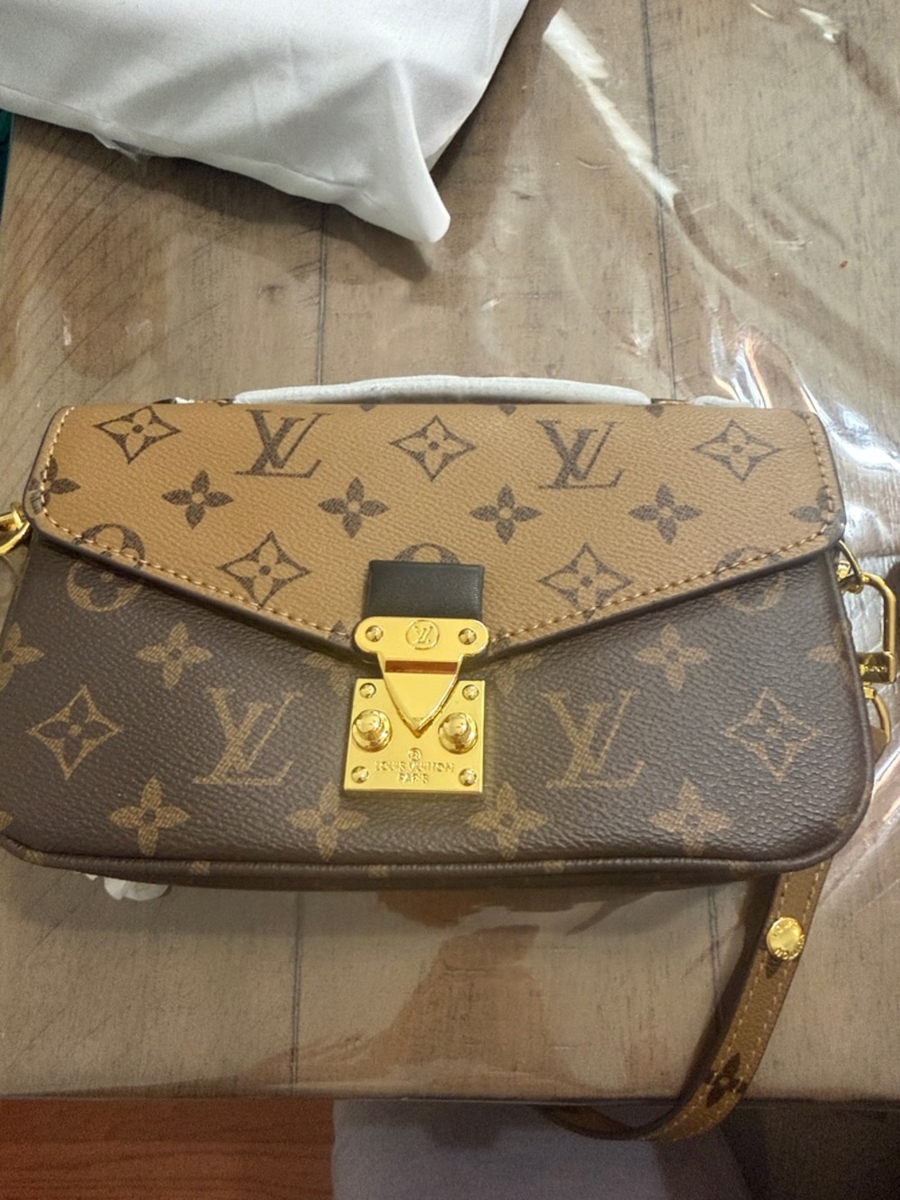 Designer inspired Two-Tone Brown Monogram Pochette with Gold Hardware